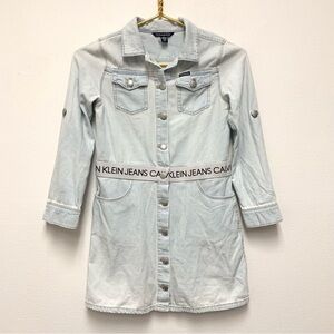 Calvin‎ Klein Girls Chambray Denim Shirt Dress Size M Logo Waistband Long Sleeve